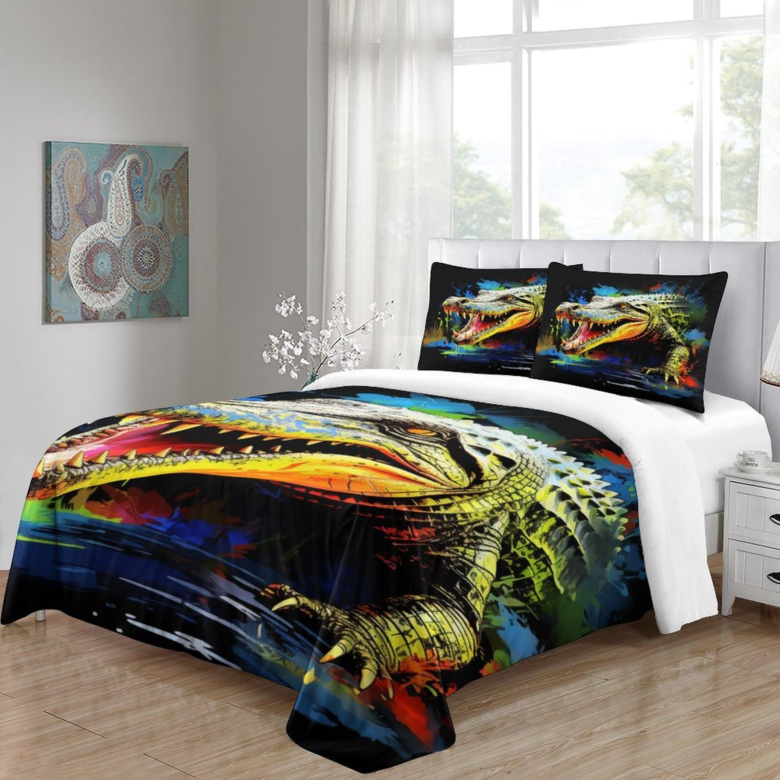 YYANQIN Crocodile Comforter Cover, 3D Printing 3 Piece Sets Blanket Soft Microfibre Quilt Cover with Zipper Closure and Pillowcases for Home Decor Bed Twin（173x218cm）