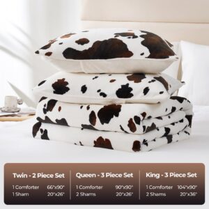 Cozy Bliss Fluffy Comforter Set Queen Size Cow Print, Farmhouse Sherpa Bed Set, Ultra Soft Thick Bedding Set for Winter, 3 Pieces, 1 Fuzzy Comforter & 2 Pillow Shams