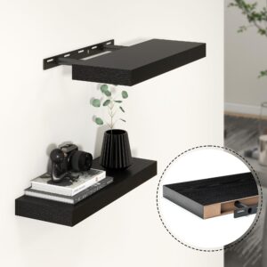 Heimlove Floating Shelves for Wall,Bathroom Over Toilet Shelf,Black Floating Shelves for Wall Decor Storage Bathroom,Bedroom,Living Room,Kitchen,Office,16 inch Set of 2