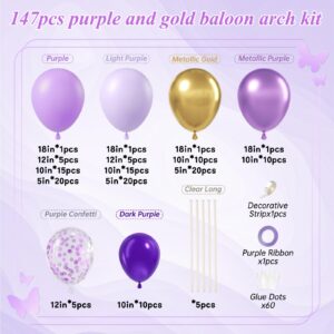 147pcs Purple and Gold Balloon Arch Kit, Purple and Gold Party Decorations with Purple Light Purple Dark Purple Metallic Purple Balloons for Birthday Wedding Baby Shower Party Decoration Women