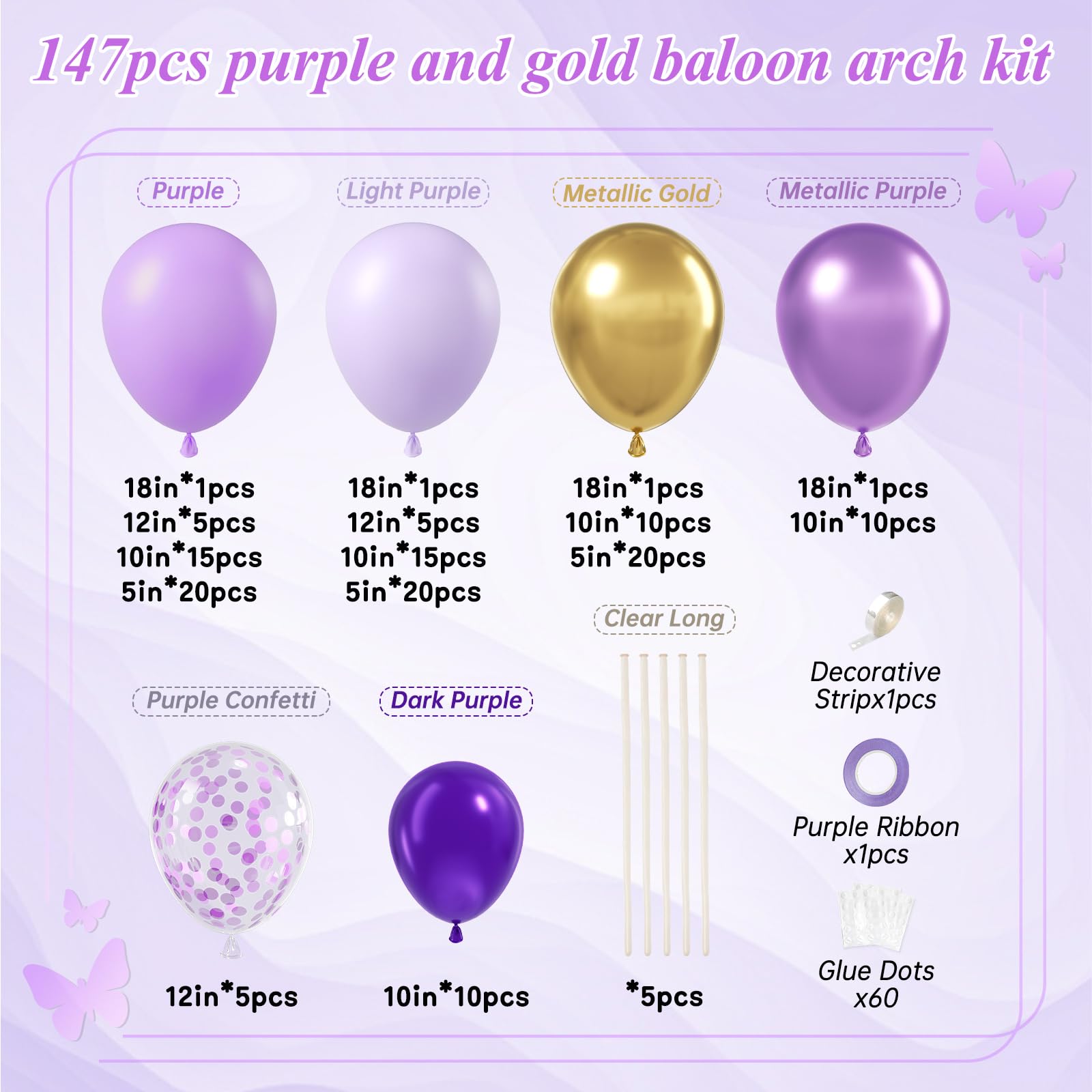 147pcs Purple and Gold Balloon Arch Kit, Purple and Gold Party Decorations with Purple Light Purple Dark Purple Metallic Purple Balloons for Birthday Wedding Baby Shower Party Decoration Women