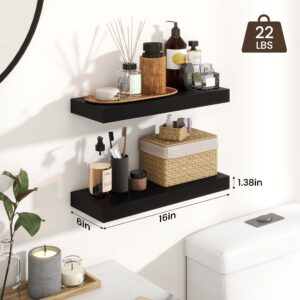 Heimlove Floating Shelves for Wall,Bathroom Over Toilet Shelf,Black Floating Shelves for Wall Decor Storage Bathroom,Bedroom,Living Room,Kitchen,Office,16 inch Set of 2