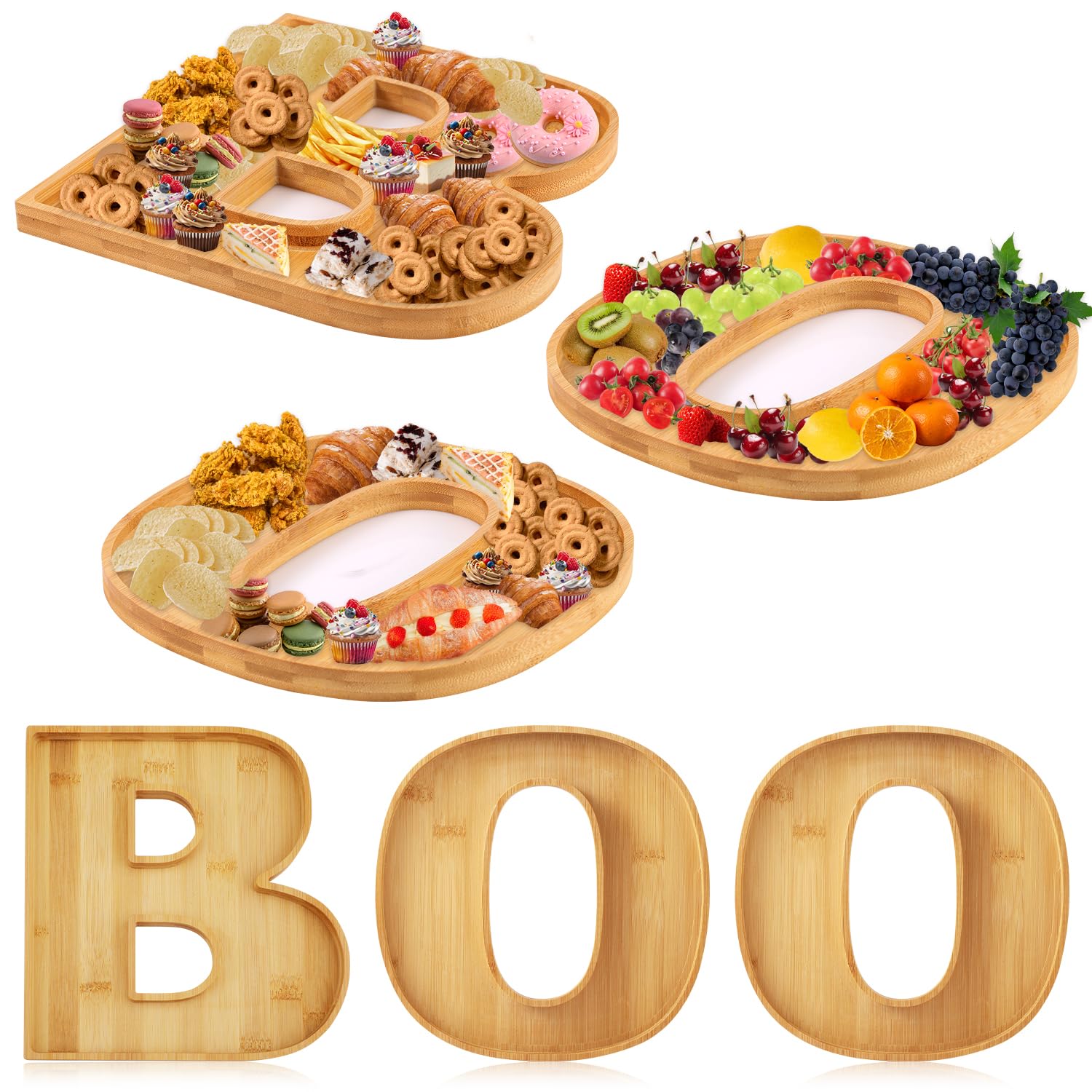 PEUTIER 3pcs Halloween Charcuterie Board, BOO Halloween Cheese Board Wooden Halloween Serving Platter Snack Trays Dinnerware Cookware for Home Kitchen Candy Cookie