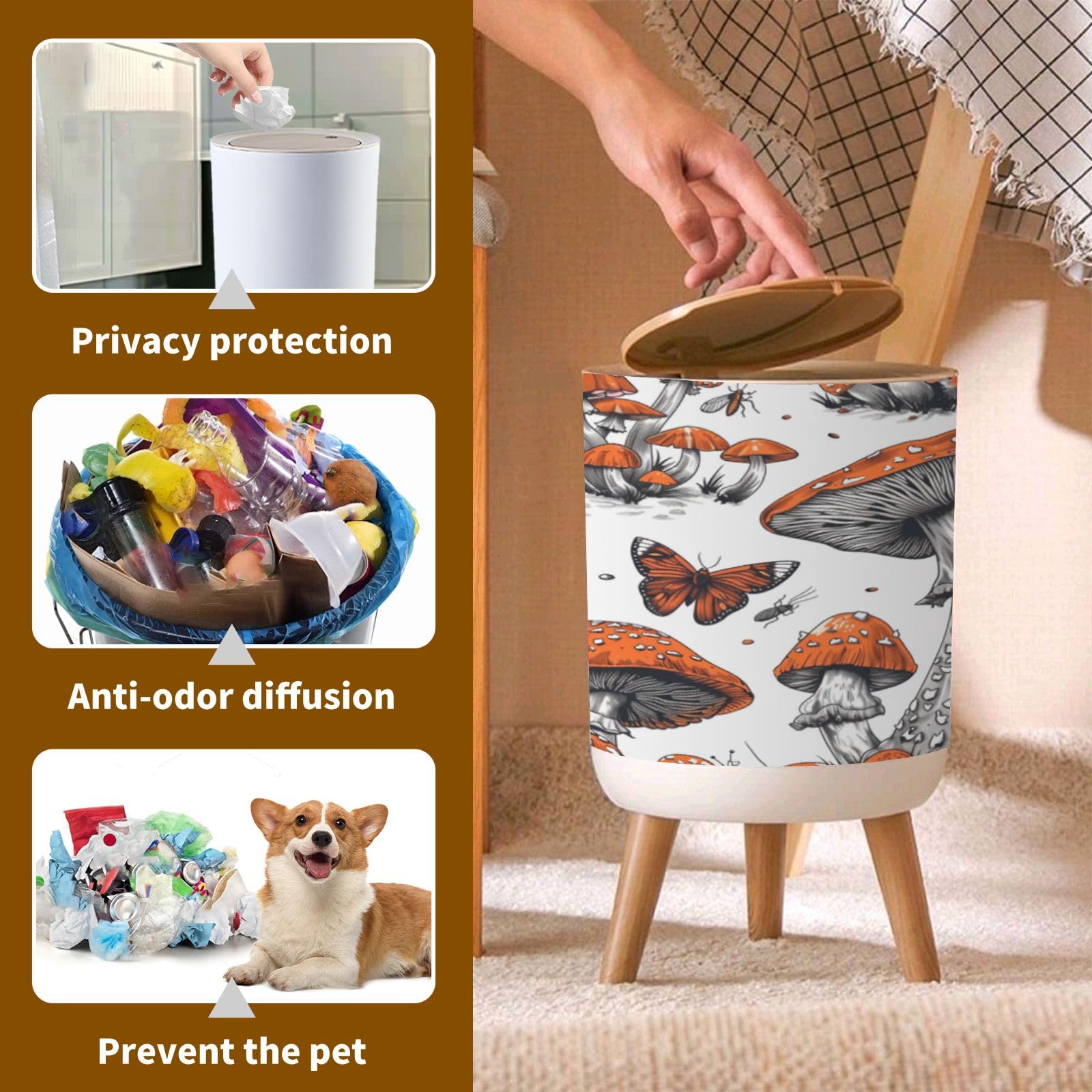 PHAIBHKERP Trash Can with Lid 70s Retro Aesthetic Mushroom Seamless Pattern Garbage Can Round Waste Bin Press Cover Dog Proof Wastebasket for Kitchen Bathroom Living Room Nursery 1.8gal