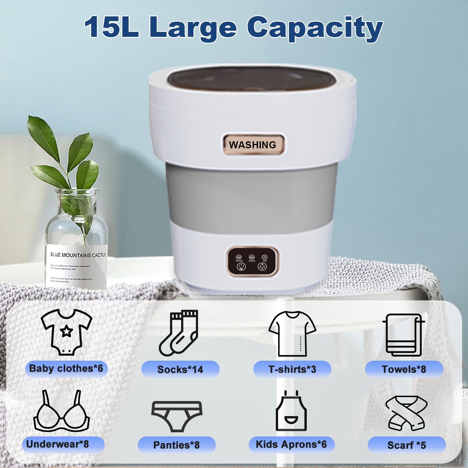 Portable Washing Machine, 15L Large Capacity New Model, Mini Washing Machine with Spin Dryer, Small Foldable Laundry Washer for Travel, Dorm, Capming, Apartment, Socks, Underwear, Baby Clothes, Grey