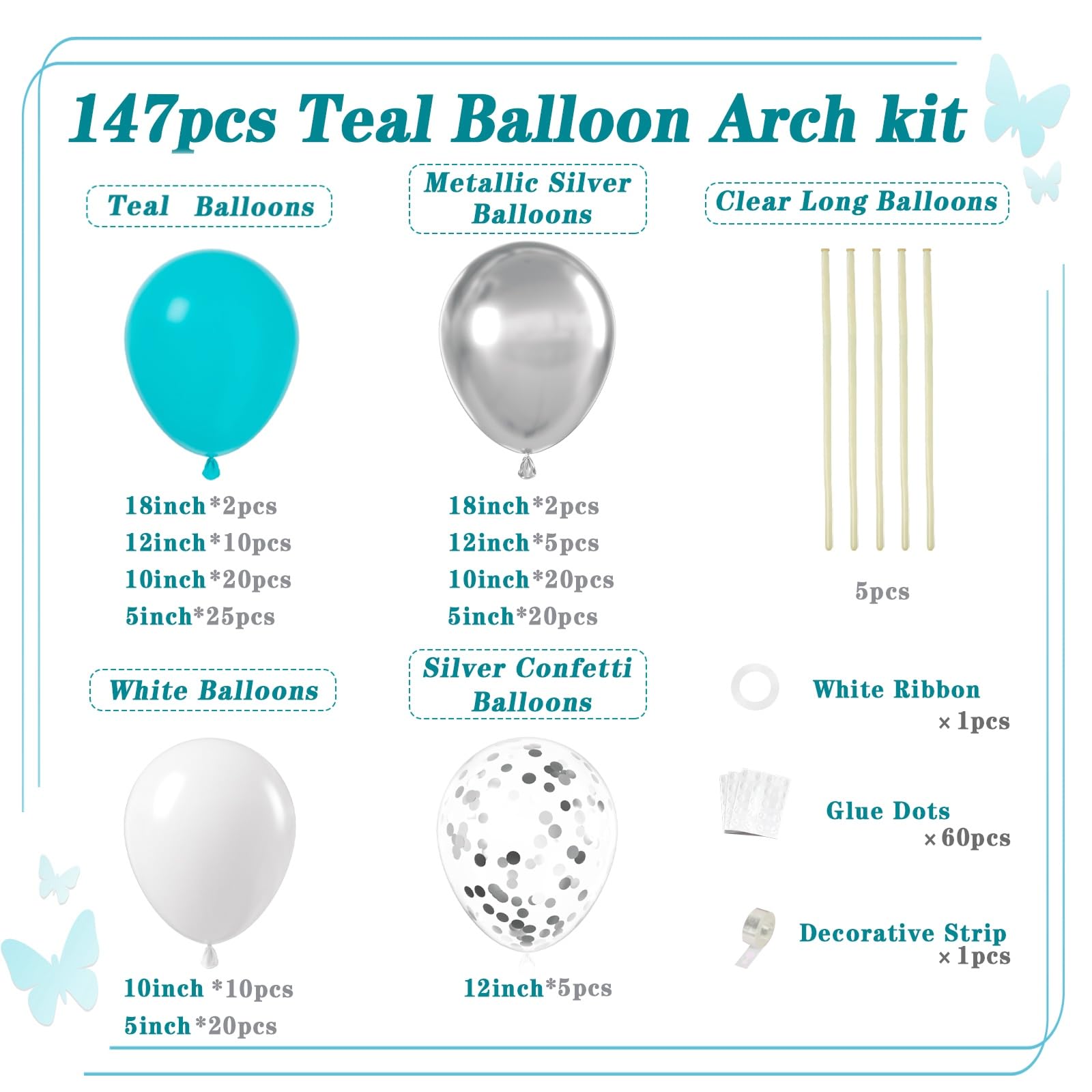 147pcs Teal Balloon Arch Garland kit, 18 12 10 5 inch Turquoise Metallic Silver White Balloons for Birthday Graduation Baby Shower Wedding Beach Party Decoration