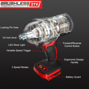 Cordless 1/2 Impact Wrench Brushless, 21v Power Impact Gun with 3 Variable Speeds, Max Torque 450Ft-lbs (600N.m), 4.0Ah Battery and Charger, 6Pcs Impact Sockets, Electric Impact Wrench for Car Home