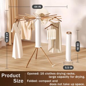 Lemitung Tripod Clothes Drying Rack - Portable Foldable Garment Drying Rack - Household Floor Standing Clothes Drying Racks with 16 Wooden Drying arms for Balconies, Laundry, Bedrooms,RV