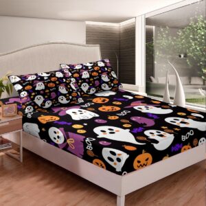 Feelyou Kids Cartoon Halloween Fitted Sheet Cute Ghost Pumpkin Sheets Set for Child Boys Girls Black Purple Queen Size Bedding Set Decoration Kawaii Bed Sheet Set Collection