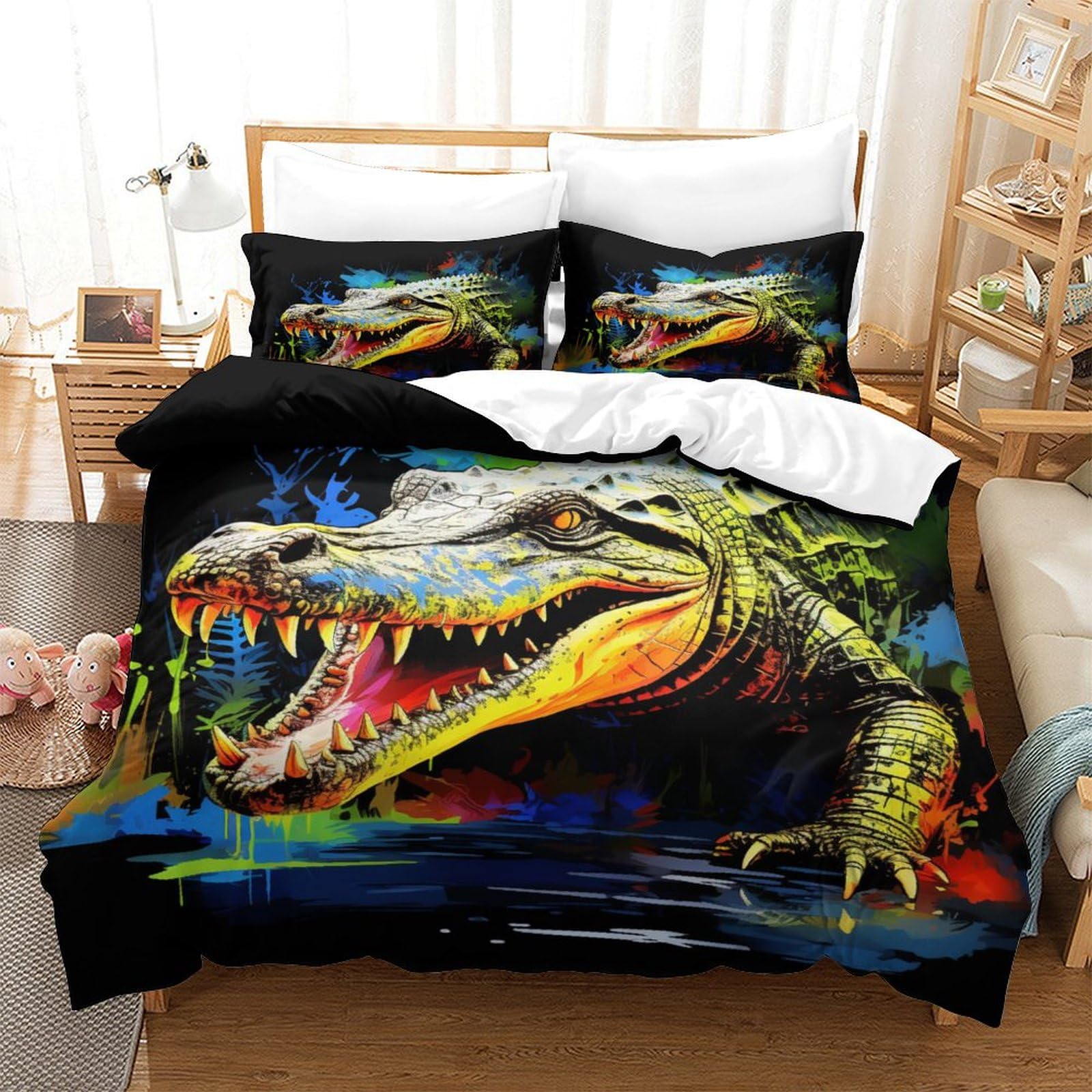 YYANQIN Crocodile Comforter Cover, 3D Printing 3 Piece Sets Blanket Soft Microfibre Quilt Cover with Zipper Closure and Pillowcases for Home Decor Bed Twin（173x218cm）