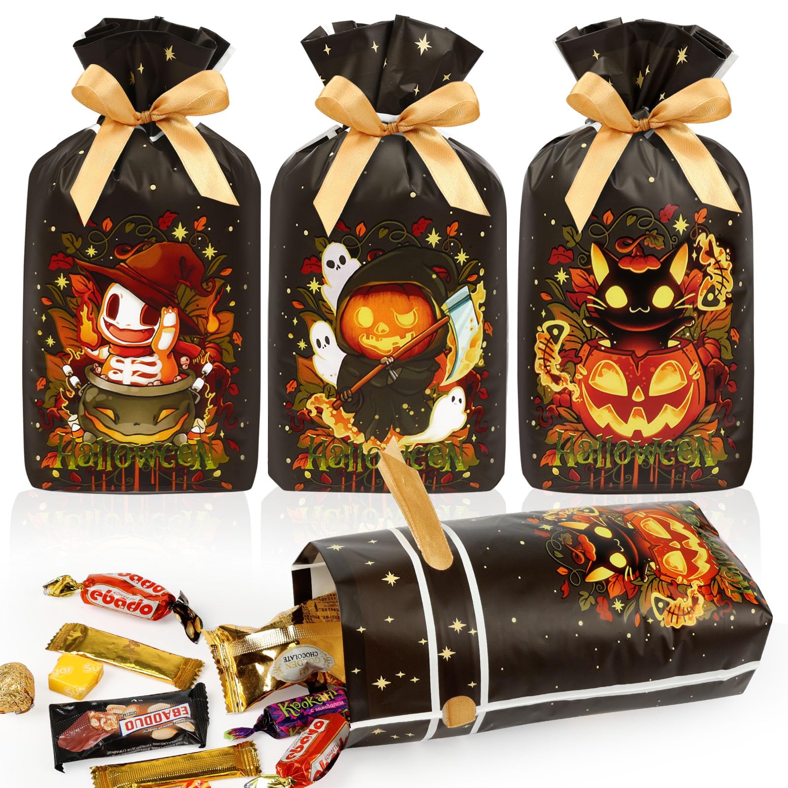 JOINDO 50 pcs Halloween Treat Bags for Candy, 6x9 Drawstring Candy Bags for Party Favor, Stand up Halloween Goodie Bags (Dark Flame Halloween Series)