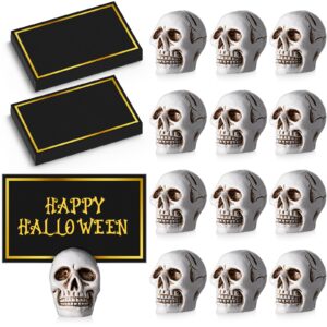 motimind 12 pcs halloween skull place card holders with 24 pcs place cards resin small skull head table number holders clips photo stand centerpieces for halloween party wedding birthday decorations