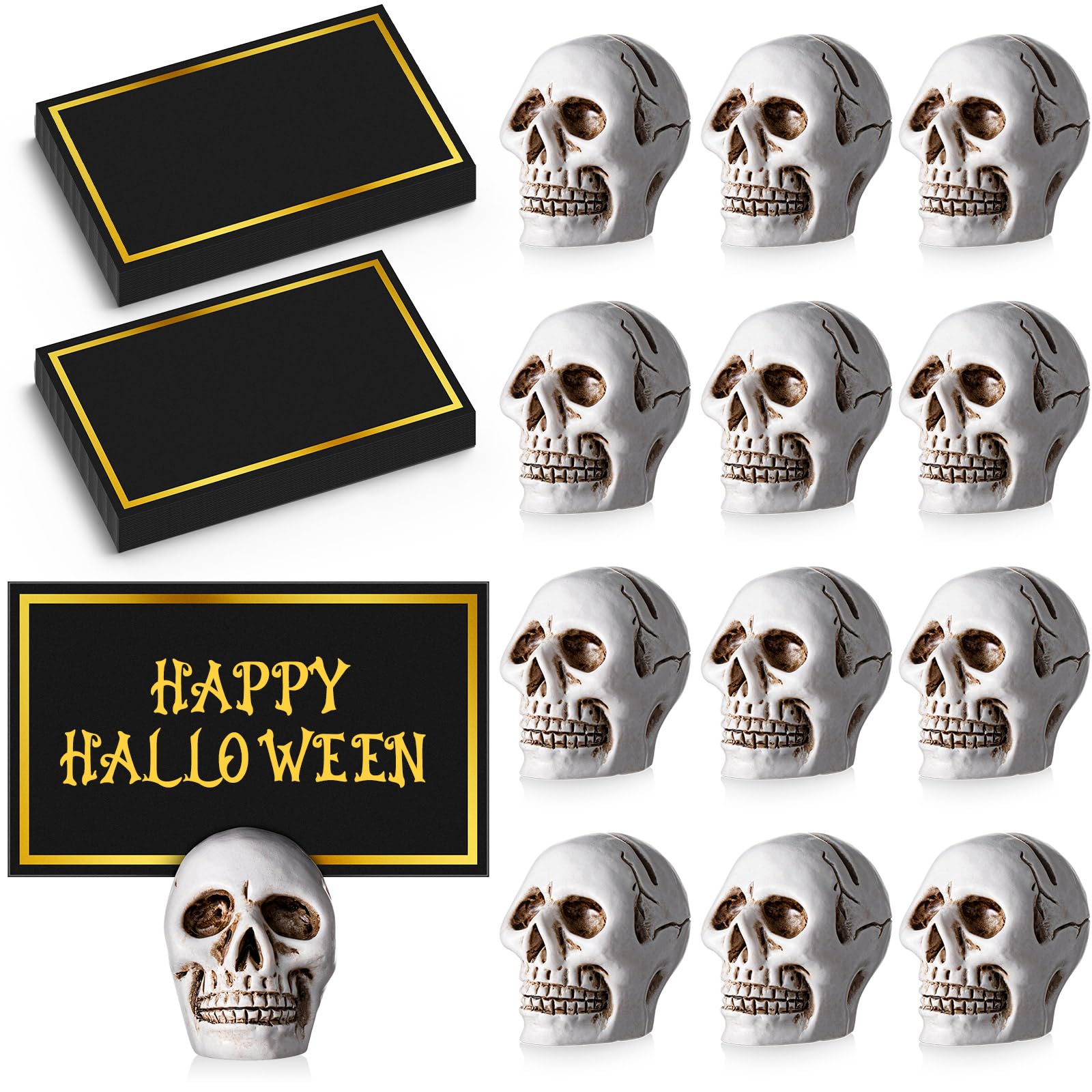 MotiMind 12 Pcs Halloween Skull Place Card Holders with 24 Pcs Place Cards Resin Small Skull Head Table Number Holders Clips Photo Stand Centerpieces for Halloween Party Wedding Birthday Decorations