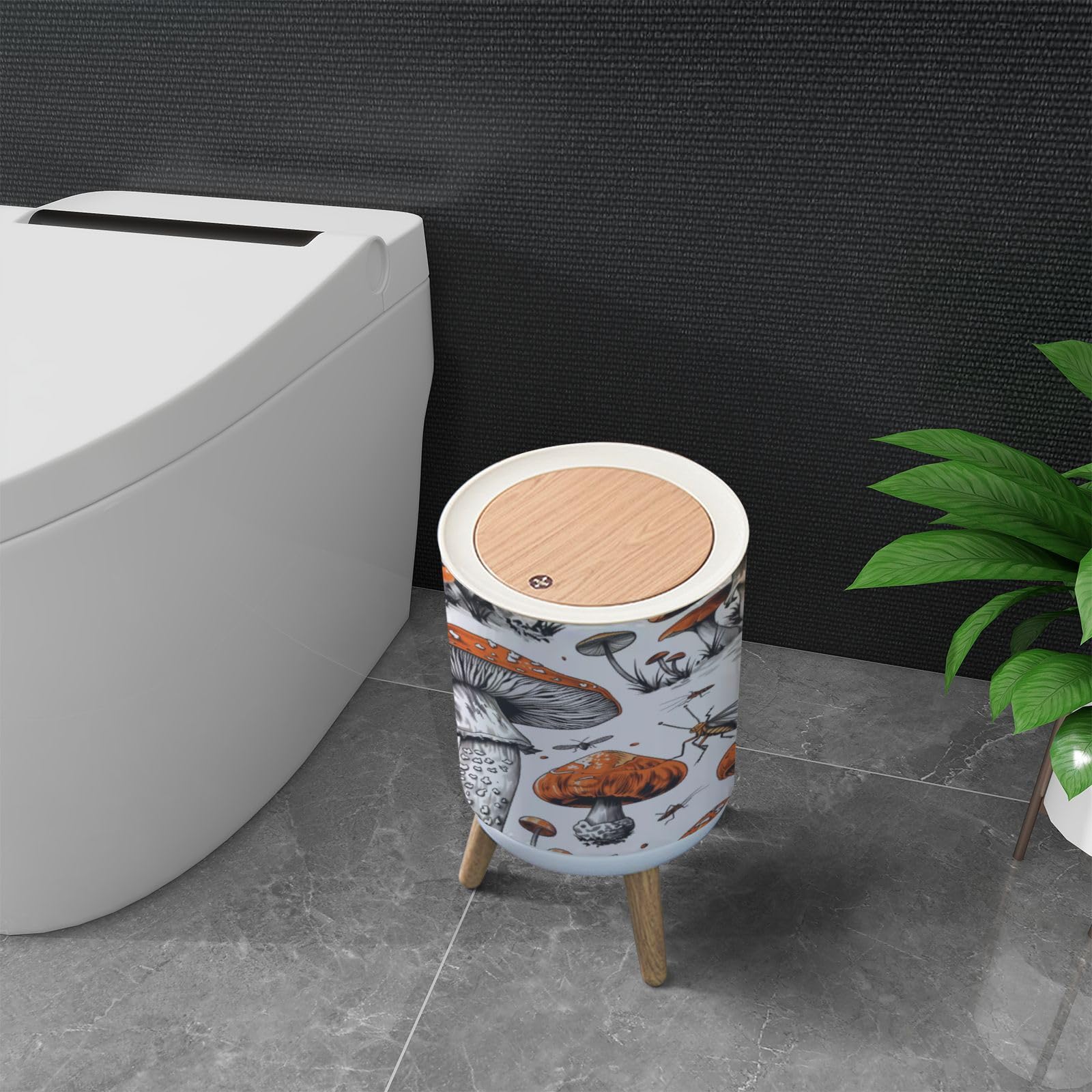 PHAIBHKERP Trash Can with Lid 70s Retro Aesthetic Mushroom Seamless Pattern Garbage Can Round Waste Bin Press Cover Dog Proof Wastebasket for Kitchen Bathroom Living Room Nursery 1.8gal