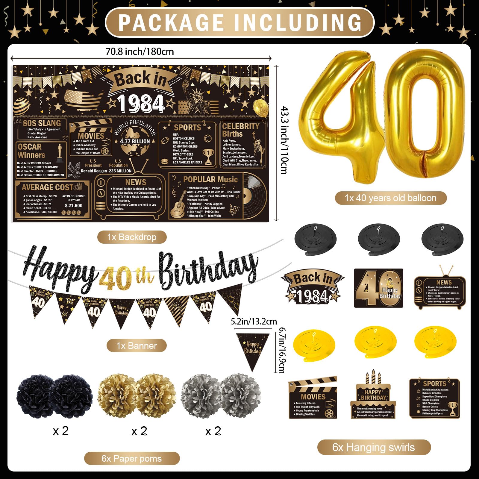 40th Birthday Decorations for Men 47Pcs 40 Birthday Banner Happy 40th Birthday Decorations 1984 Birthday Decorations with Back in 1984 Banner 40 Balloons 1984 Card Boxes Cake Topper Poms