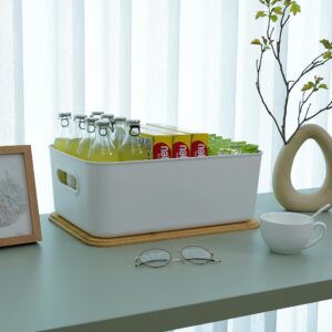 KAIZE 2PCS Plastic Storage Bins with Bamboo lids Stackable Storage Containers for Organizing, Bundled with Labels and Marker 10.24 x 7.01 x 6.1 inch(2 PCS-15.12 x 10.67 x 5.98 inch), White