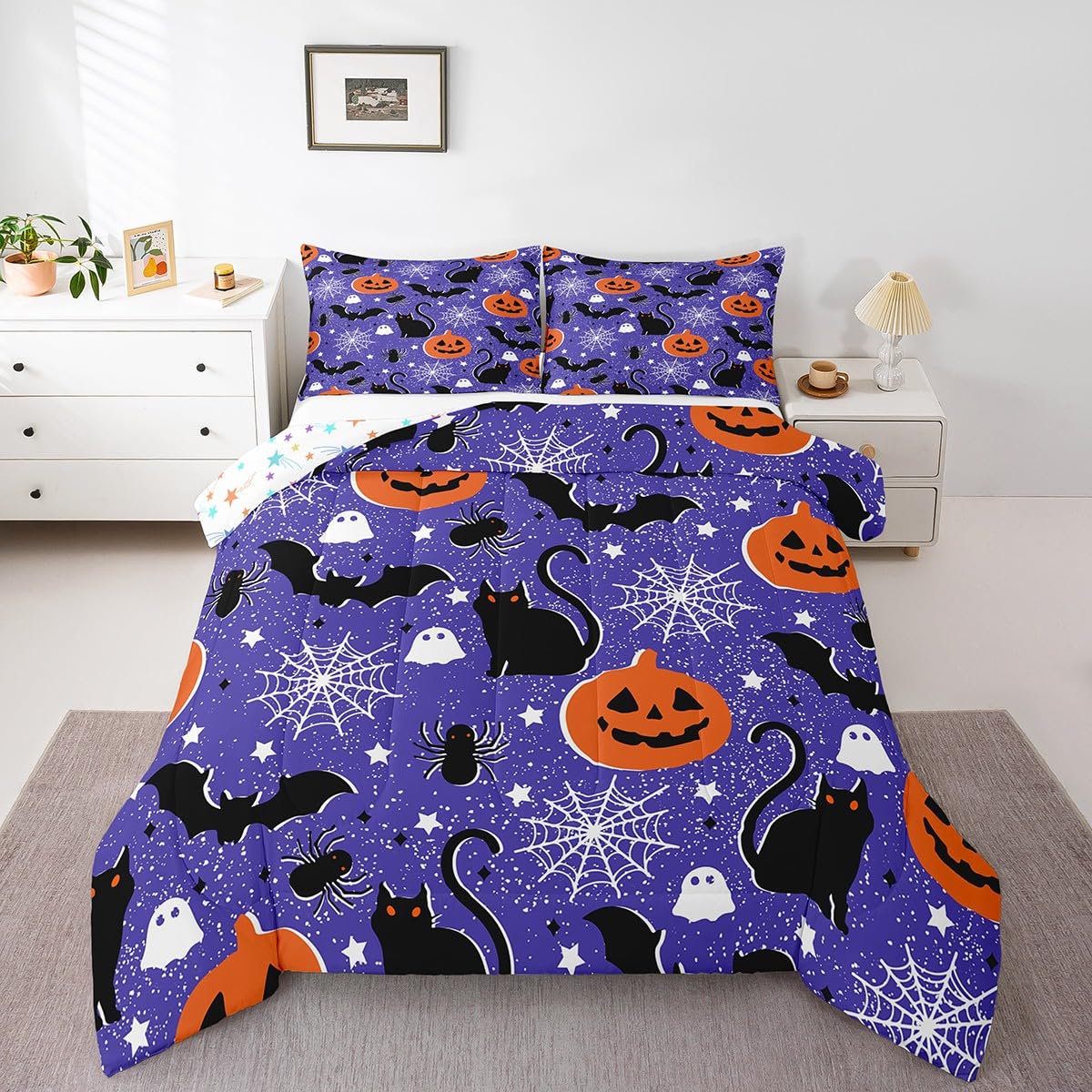 Feelyou Happy Halloween Full Size Bedding Set Decoration Pumpkin Lantern Comforter Set for Kids Boys Girls Spooky Cat Bat Duvet Set Purple Quilt Set Soft and Lightweight