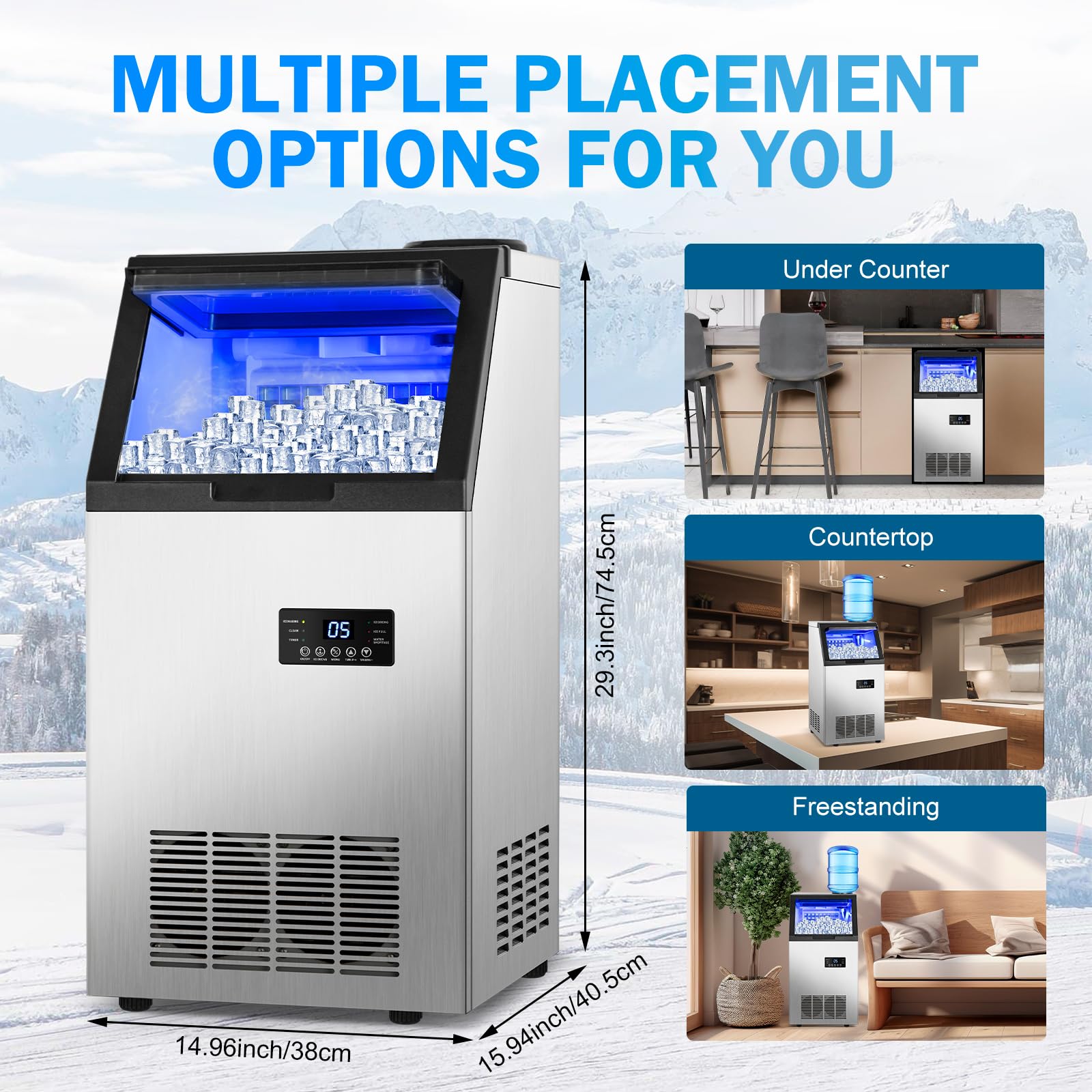 Commercial Ice Maker Machine 130Lbs/24H, Undercounter/Freestanding Ice Machine, 45 Ice Cubes in 4-15 Minutes, 35 lbs Ice Storage, 2 Water Supply Modes - Perfect for Home, Bar, and Outdoor