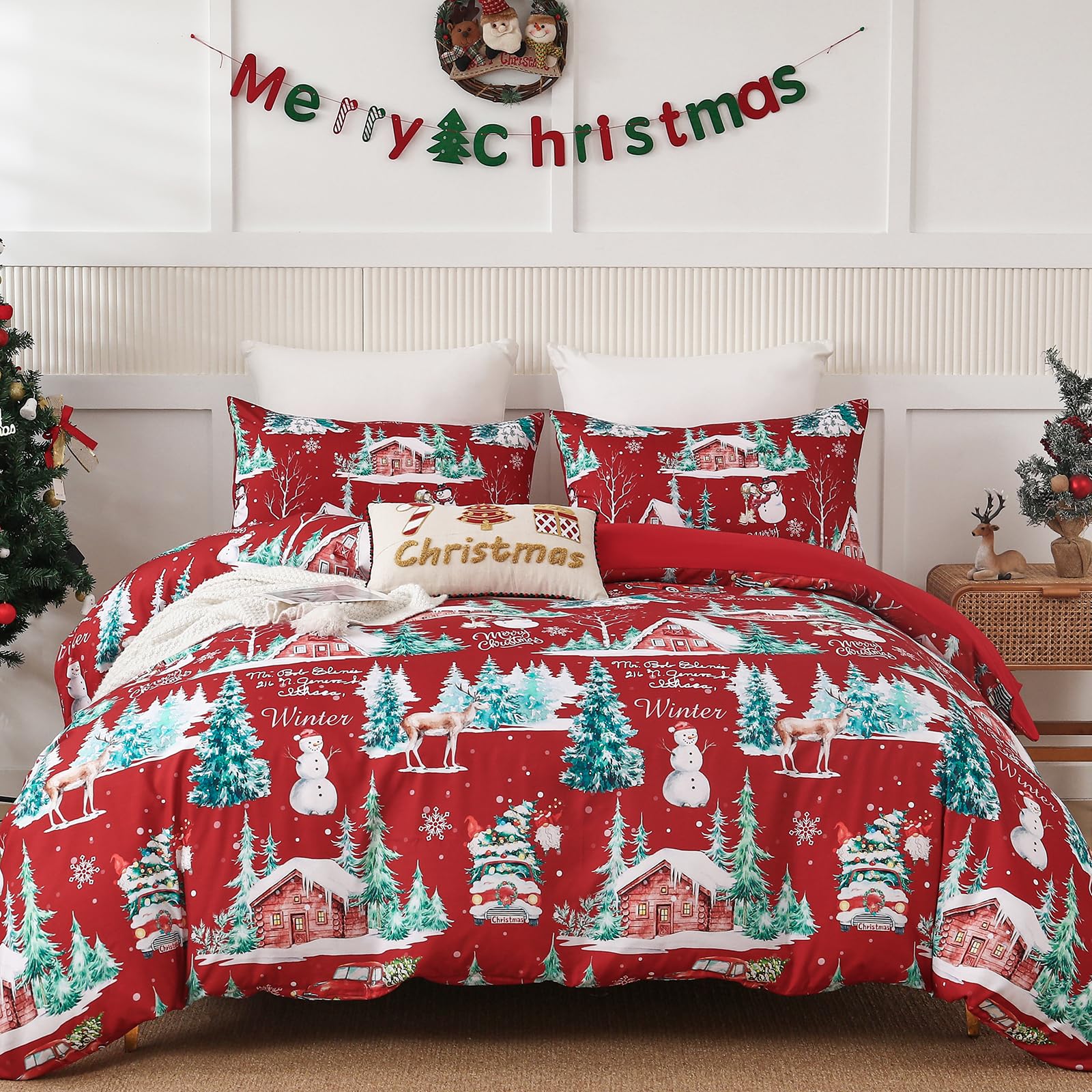 Dobuyly Christmas Duvet Cover Set Queen Size Christmas Tree Reindeer Snowman Pattern Duvet Cover with 2 Pillowcases Soft Microfiber Red Bedding Set for Holiday New Year Gift(3Pcs, 90"x90")