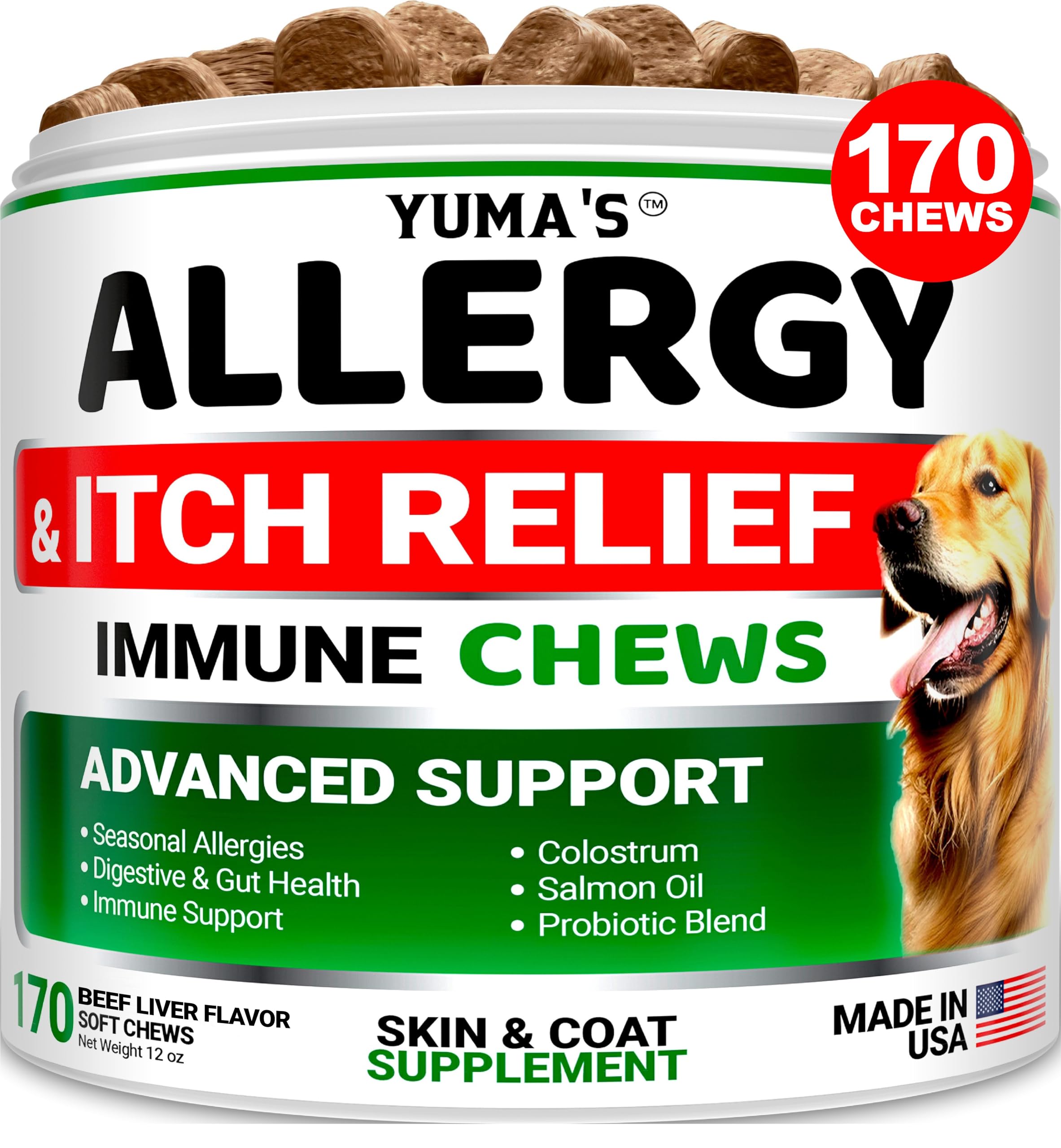 Dog Allergy Relief Chews - Dog Itching Skin Relief Treatment Pills - 170 Treats - Itchy and Paw Licking - Anti-Itch - Dry Skin & Hot Spots Omega 3 Fish Oil Skin & Coat Supplement - Beef Liver Flavor