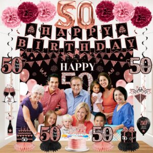 42PCS 50th Birthday Decoration Kit for Women, Rose Gold Happy 50th Bday Banner Balloons Honeycomb Centerpiece Swirl Paper Pompoms Party Supplies, 50 Bday Sash Table Cake Topper Swirls Set