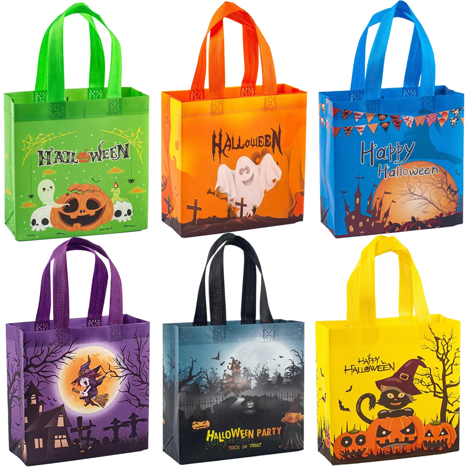 Atiger 6 Pcs Halloween Trick or Treat Bags, Halloween Candy Tote Bags with Handles for Kids, Reusable Halloween Non-Woven Gift Bags for Halloween Party Supplies Favors