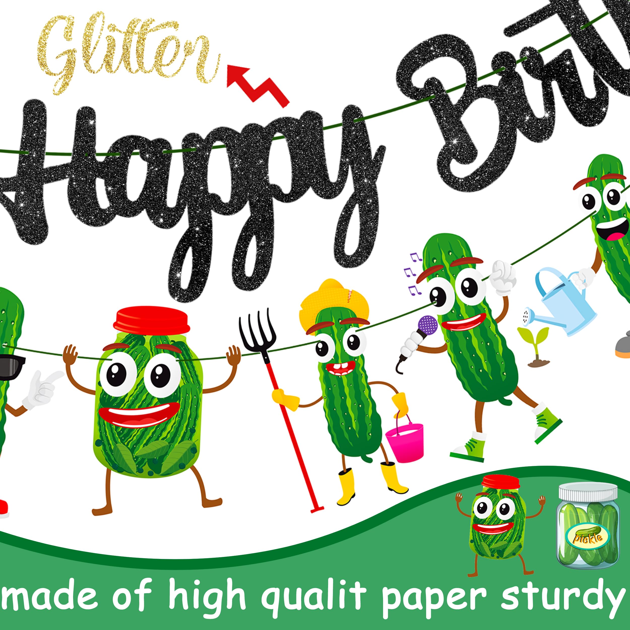 Funny Pickle Birthday Party Decorations Black Happy Birthday Banner Green Pickle Cucumber Theme Garland Cute Cucumber Birthday Banner Decorations for Kind of a Big Dill Party Baby Shower Supplies