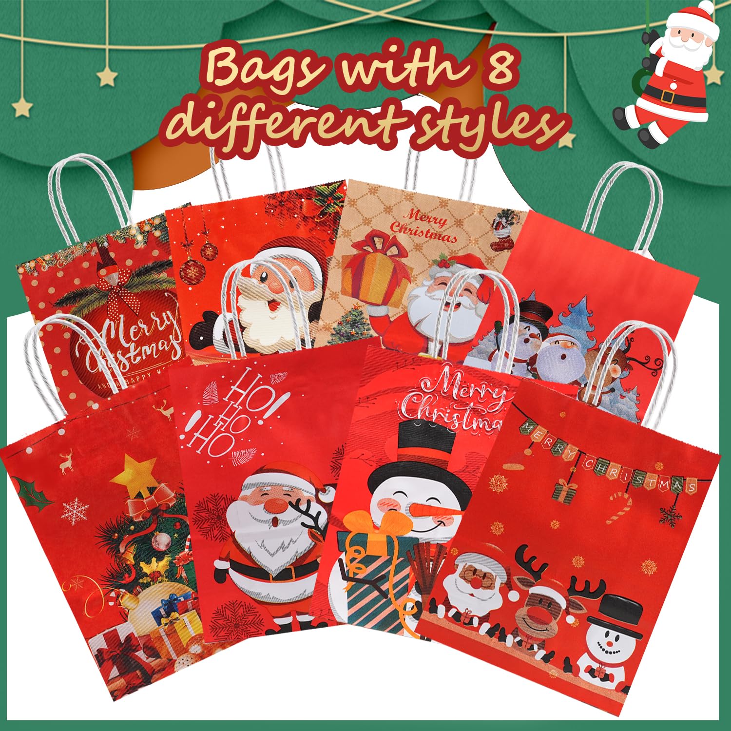 Christmas Gift Bags with Handles,24 Pcs Small Christmas Gift Bags Bulk,4 Designs Xmas Kraft Paper Bags for Christmas Goody Bags, Party Favors (6.3" x 3.2 "x 8.6")