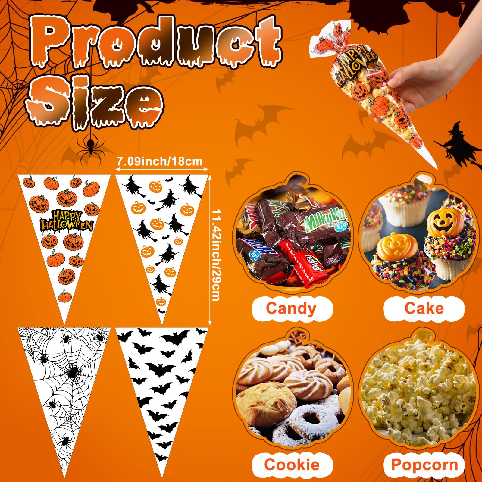 Pasimy 200 Pcs Halloween Cone Bags Trick or Treat Cellophane Clear Sweet Bags Triangle Cones Popcorn Bags Pumpkin Spider Witch Bat Candy Bags for Kids Halloween Birthday Party Supplies