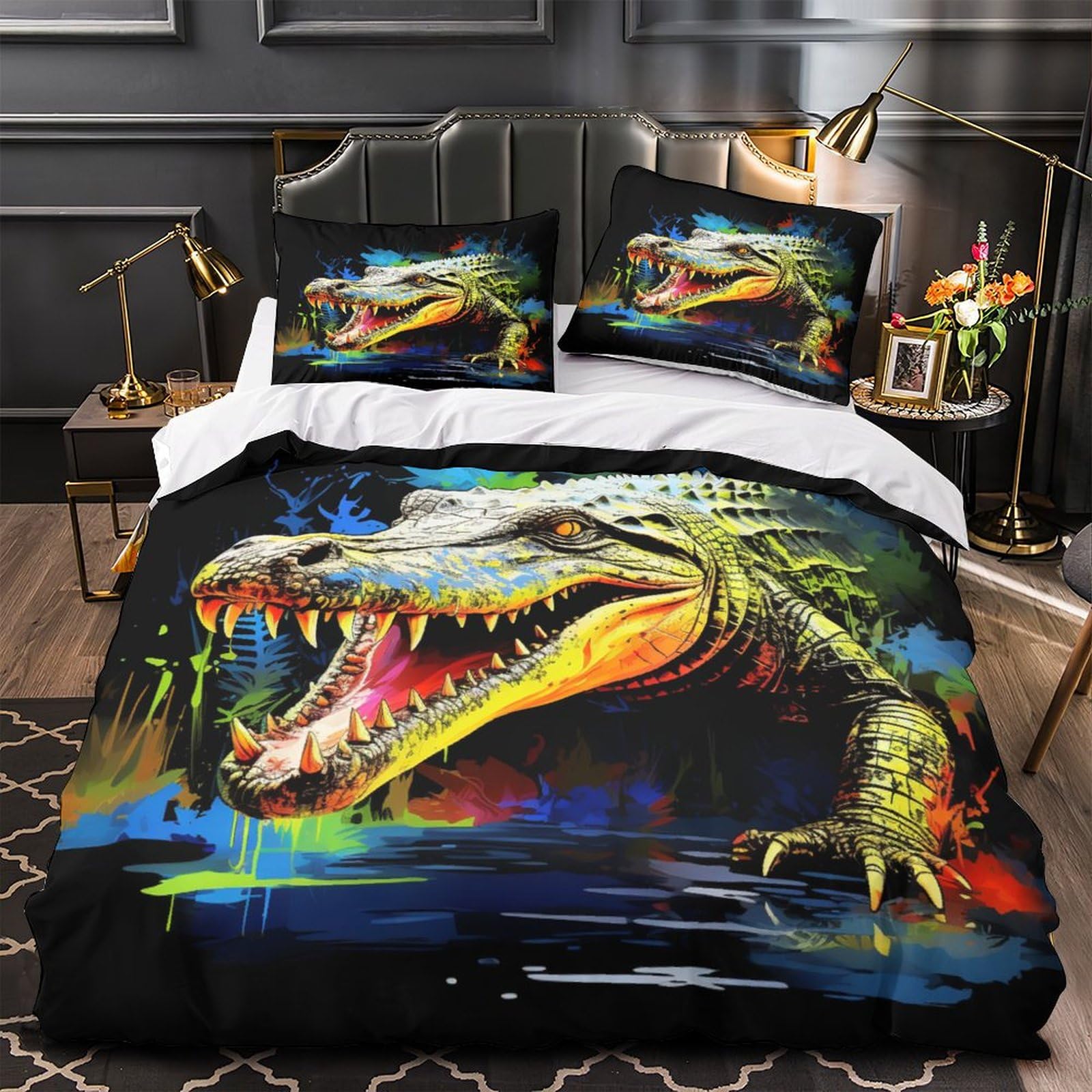 YYANQIN Crocodile Comforter Cover, 3D Printing 3 Piece Sets Blanket Soft Microfibre Quilt Cover with Zipper Closure and Pillowcases for Home Decor Bed Twin（173x218cm）