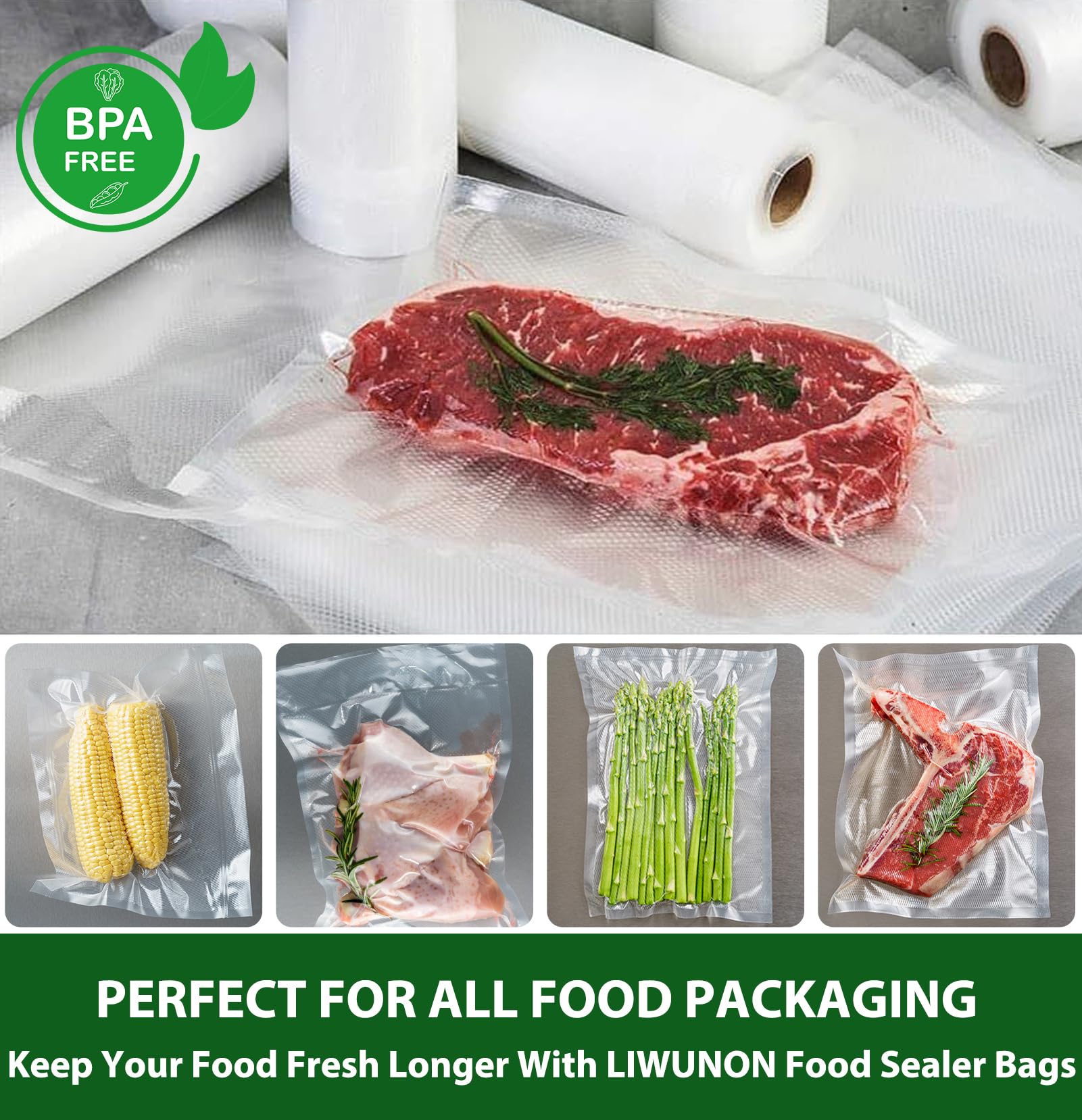 Multi-layer Vacuum Sealer Bags Rolls, LIWUNON 6 Pack 11" x 20' x3 Rolls and 8" x 20' x3 Rolls Commercial Grade Bag Rolls, Compatible with All Kinds of Vacuum Sealers