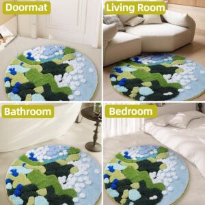 COMBLUE Round Moss Bathroom Rugs Non Slip, Cute Aesthetic Funky Microfiber Shaggy Tufted Circle Moss Bath Mat For Living Room Bedroom Decor, Soft and Absorbent, Machine Washable, Light Blue 40x40 Inch