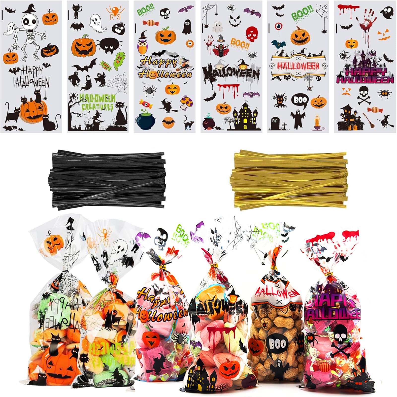 YIYATOO Halloween Treat Bags,120PCS Halloween Cellophane Treat Bags,Halloween Candy Bags with 140Pcs Black and Gold Twist Ties,Trick or Treat Goodie Bags for Halloween Party Supply-10.6 * 5.1 inch