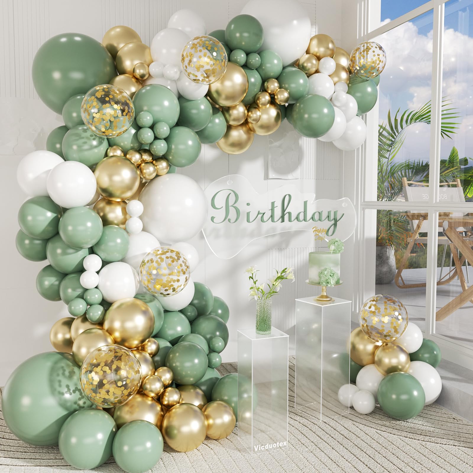 147pcs Sage Green Balloon Arch Kit, Sage Green and Gold White Balloons for Wedding Engagement Anniversary Bridal Shower Baby Shower Birthday Party Decorations