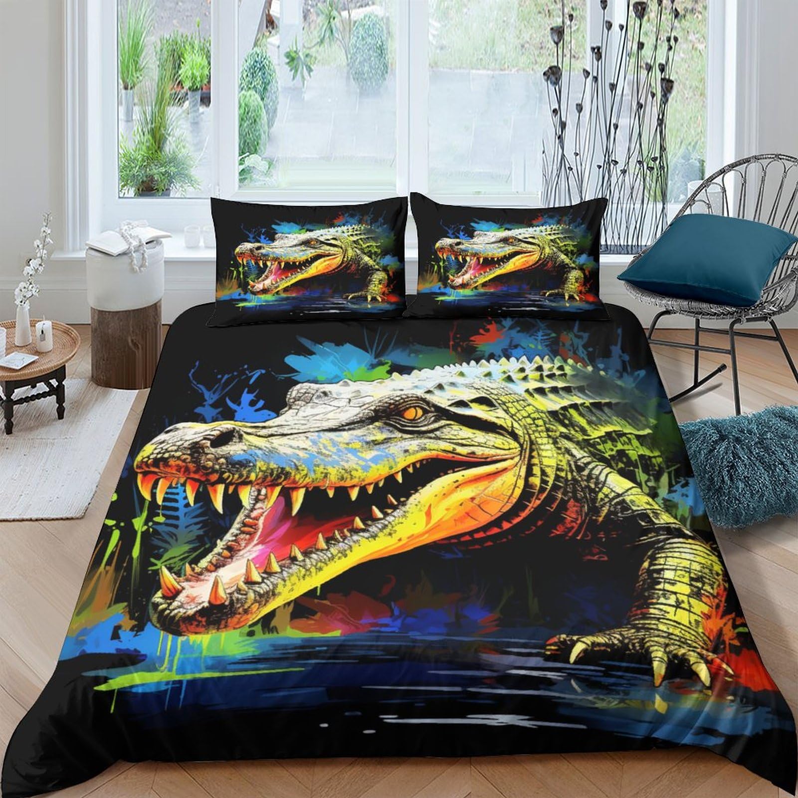 YYANQIN Crocodile Comforter Cover, 3D Printing 3 Piece Sets Blanket Soft Microfibre Quilt Cover with Zipper Closure and Pillowcases for Home Decor Bed Twin（173x218cm）