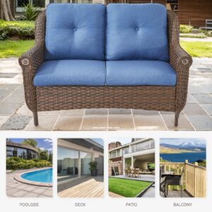 Bellefurn Patio Wicker Sofa Brown Rattan Loveseat Outdoor Couch with Chrysanthemum Armest & Water Resistant Cushions Sofa for Garden Balcony Backyard Poolside, Blue Cushions Loveseat(1PC)