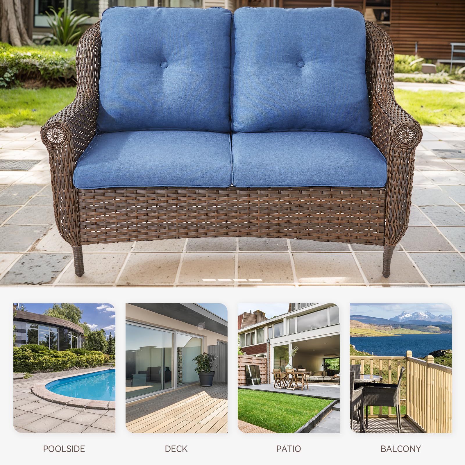 Bellefurn Patio Wicker Sofa Brown Rattan Loveseat Outdoor Couch with Chrysanthemum Armest & Water Resistant Cushions Sofa for Garden Balcony Backyard Poolside, Blue Cushions Loveseat(1PC)