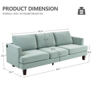 88" Sofa Couch with Deep Seats, 3 Seater Sofa with USB Charging and Side Pockets, Comfy Couches for Living Room with Armrests, Morden Sofa with 3 Soft Pillows for Home, Bedroom, Green