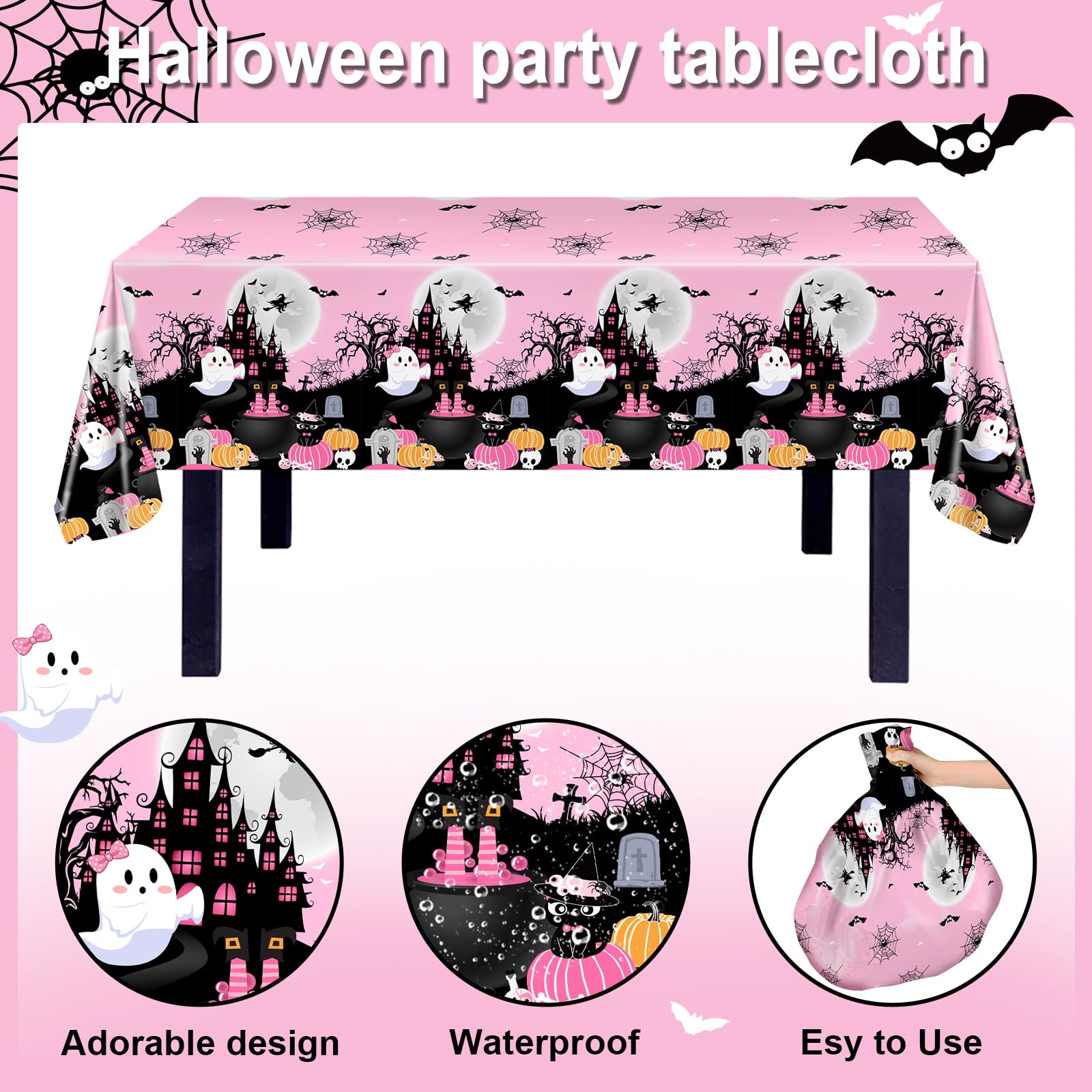 Avezano 3 pcs Halloween Tablecloth Halloween Party Tablecloth Happy Boo Day Halloween Tablecover Girl Boo Baby Shower Halloween Tablecloth Plastic Pink Halloween Decorations 108x54 Inch