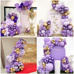 147pcs Purple and Gold Balloon Arch Kit, Purple and Gold Party Decorations with Purple Light Purple Dark Purple Metallic Purple Balloons for Birthday Wedding Baby Shower Party Decoration Women