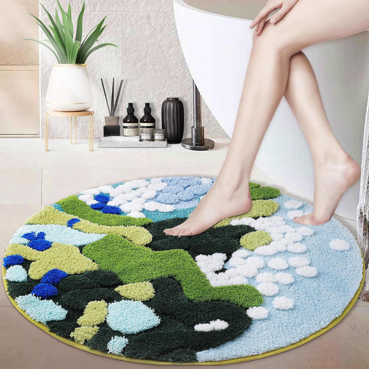 COMBLUE Round Moss Bathroom Rugs Non Slip, Cute Aesthetic Funky Microfiber Shaggy Tufted Circle Moss Bath Mat For Living Room Bedroom Decor, Soft and Absorbent, Machine Washable, Light Blue 40x40 Inch