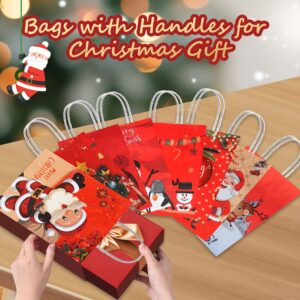 Christmas Gift Bags with Handles,24 Pcs Small Christmas Gift Bags Bulk,4 Designs Xmas Kraft Paper Bags for Christmas Goody Bags, Party Favors (6.3" x 3.2 "x 8.6")