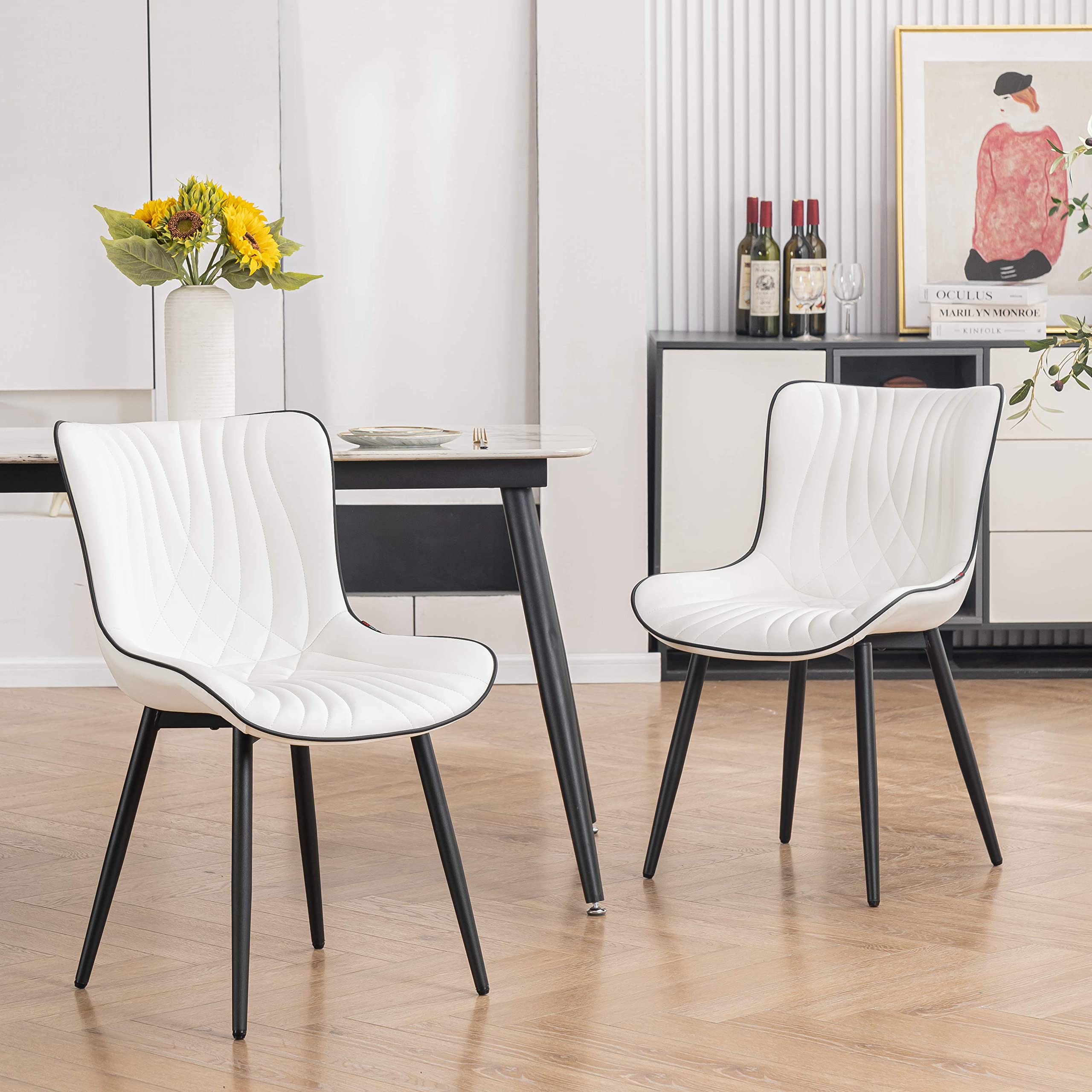 YOUTASTE White Dining Chairs Set of 2 Upholstered Mid Century Modern Kitchen Dining Room Chairs Armless Faux Leather Accent Chairs Metal Vanity Lounge Chair with Back for Living Room Bedrooms