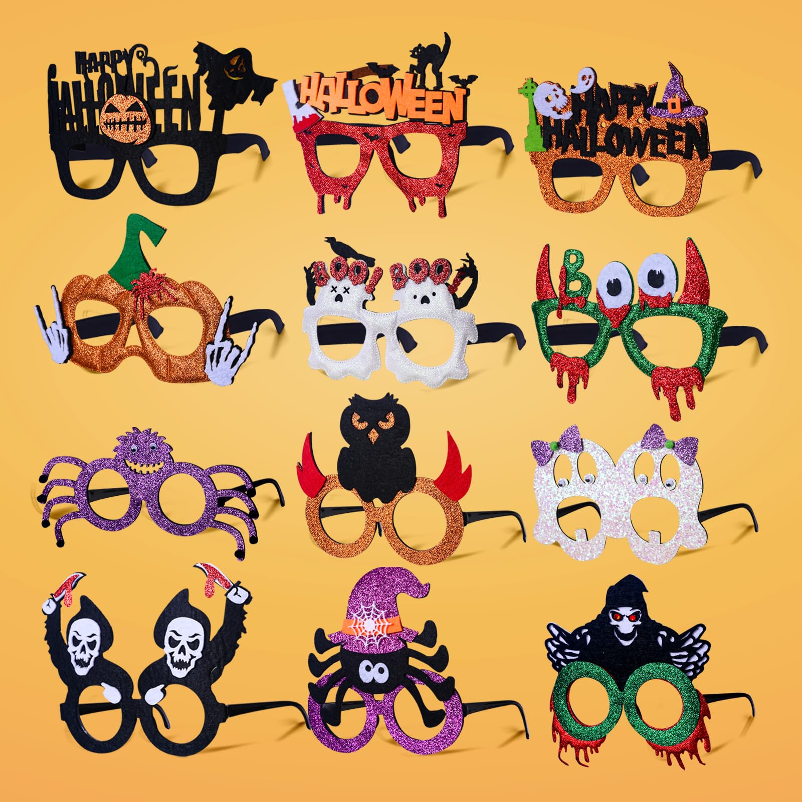 Mega-L 12Pcs Halloween Glasses, Halloween Party Favors Glitter Eyeglasses, Photo Booth Props for Women Adult Cosplay Costume Accessories Party Supplies Decorations Glasses with Pumpkin Spider Ghost