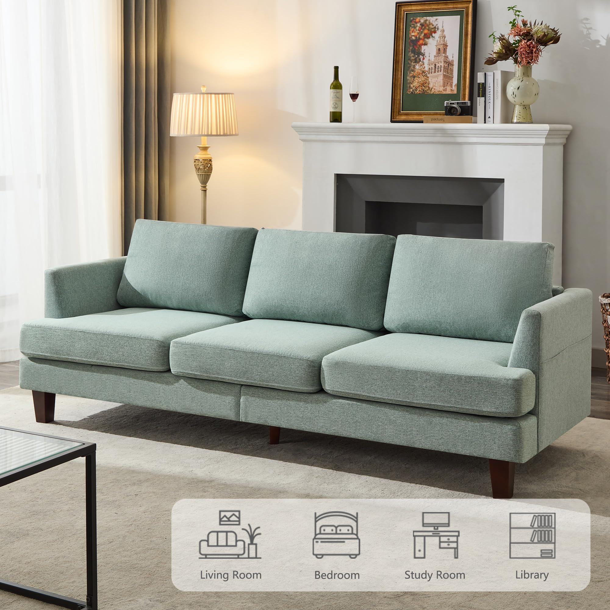 88" Sofa Couch with Deep Seats, 3 Seater Sofa with USB Charging and Side Pockets, Comfy Couches for Living Room with Armrests, Morden Sofa with 3 Soft Pillows for Home, Bedroom, Green