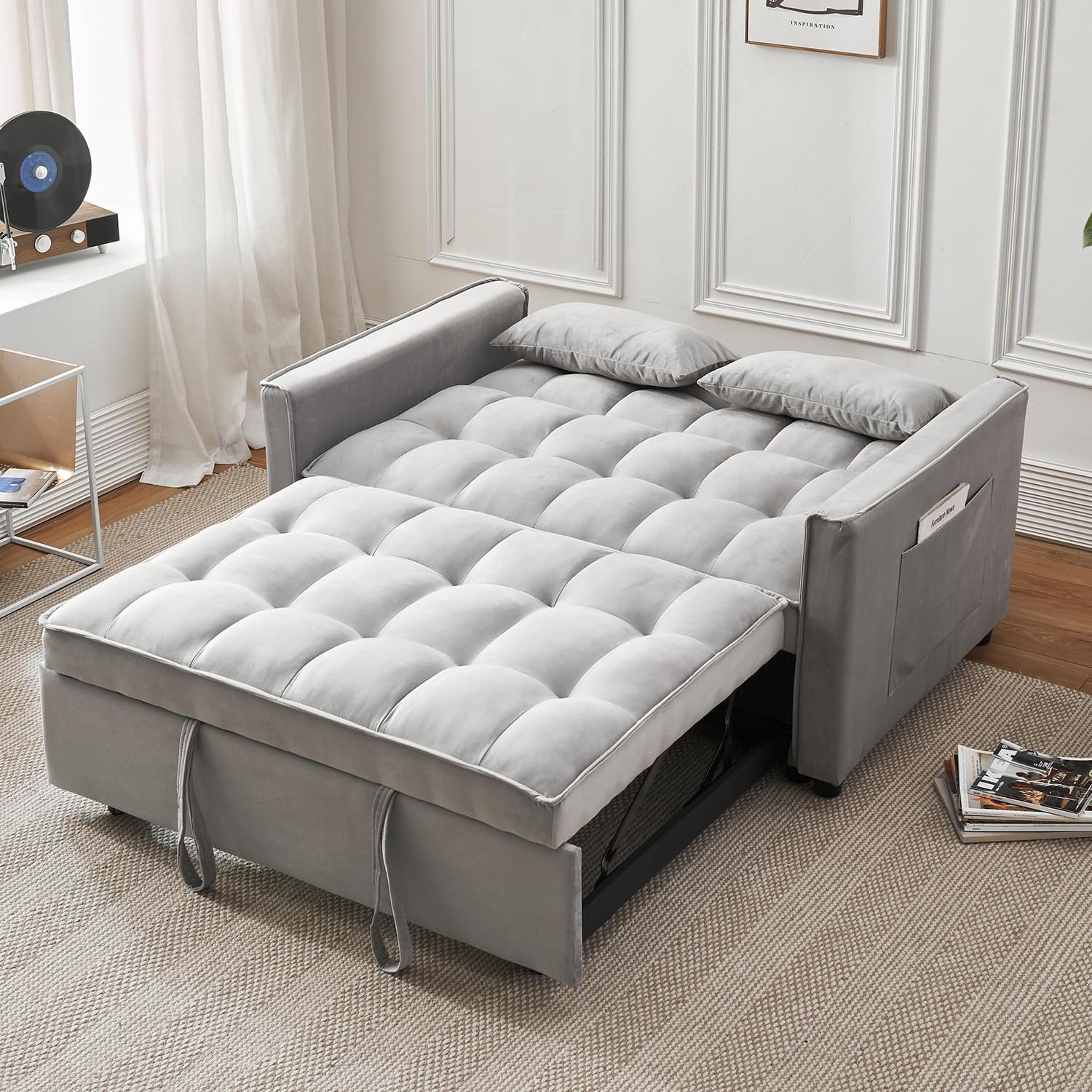 FENFSHE Futon Sofa Bed, Modern Velvet 3 in 1 Convertible Sleeper Sofa Couch Bed, Pullout Couch Bed with Adjustable Backrest, Storage Pockets and Toss Pillows for Living Room, Bedroom (Grey)