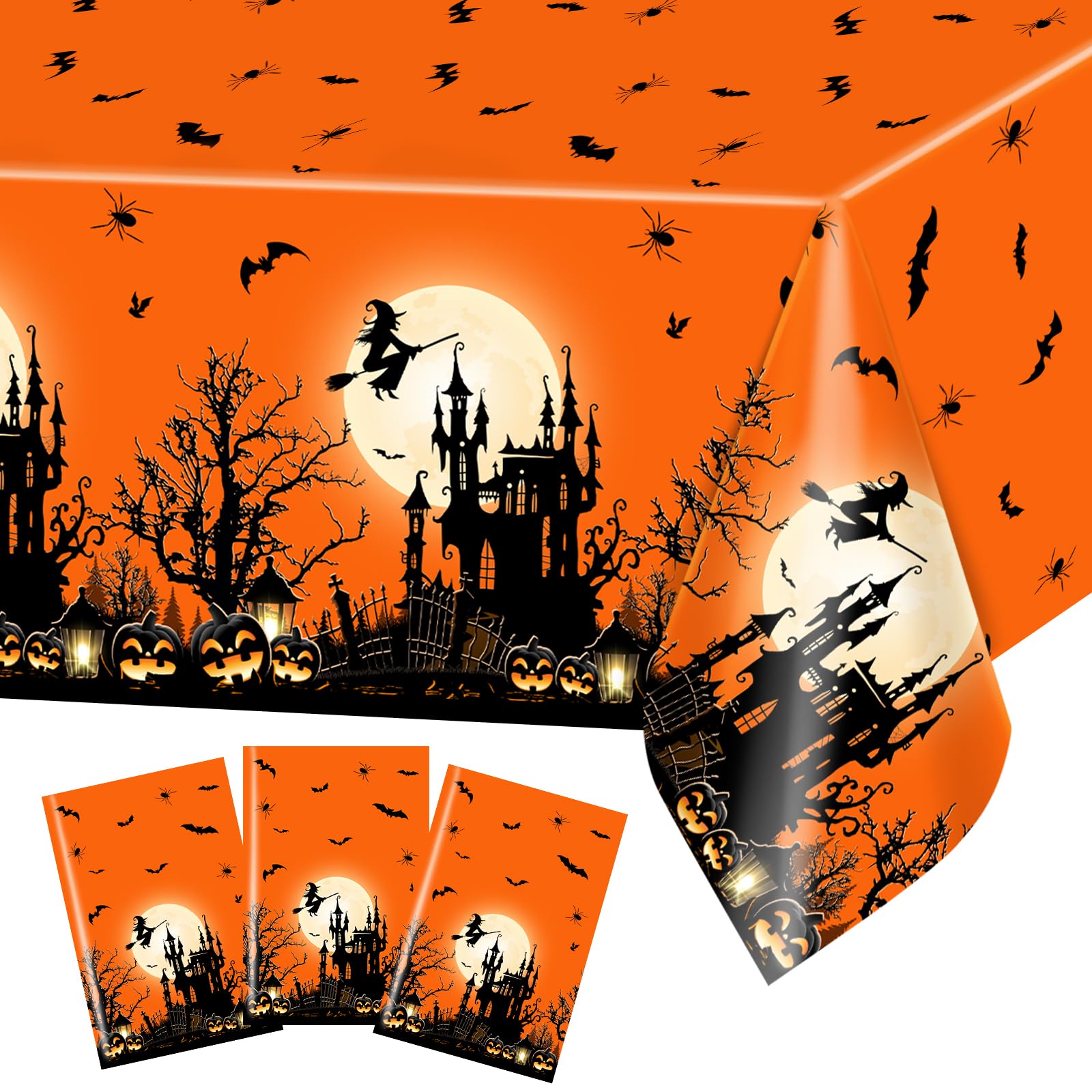 Avezano 3 pcs Halloween Tablecloths Halloween Table Cloth Rectangle Full Moon Scary Night Castle Halloween Party Table Cover 108x54 Inch (Orange)