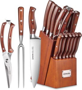 knife set with block, 16 pcs stainless steel kitchen knife set with sharpener & wooden block, knife block set with wood handle, chef, santoku, bread, utility, paring & carving fork knife, brown