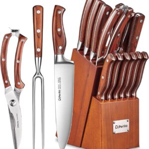 Knife Set with Block, 16 Pcs Stainless Steel Kitchen Knife Set with Sharpener & Wooden Block, Knife Block Set with Wood Handle, Chef, Santoku, Bread, Utility, Paring & Carving Fork Knife, Brown