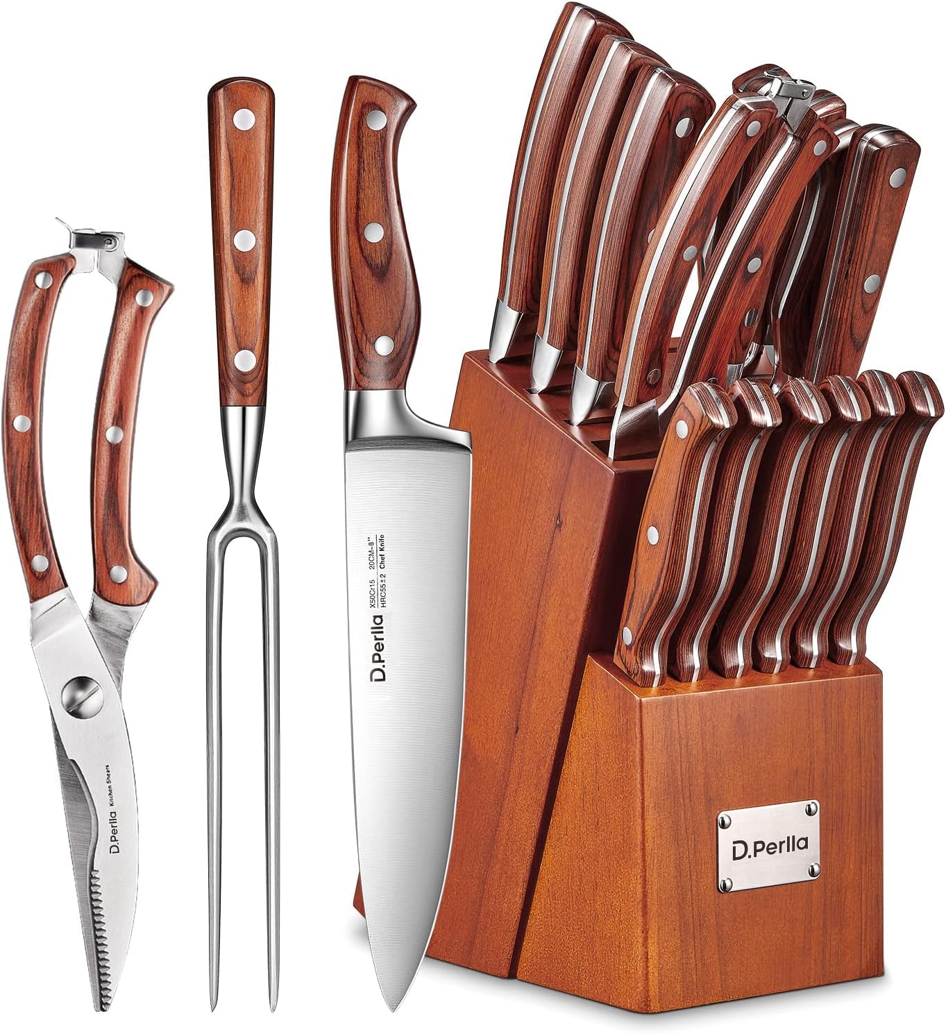 Knife Set with Block, 16 Pcs Stainless Steel Kitchen Knife Set with Sharpener & Wooden Block, Knife Block Set with Wood Handle, Chef, Santoku, Bread, Utility, Paring & Carving Fork Knife, Brown